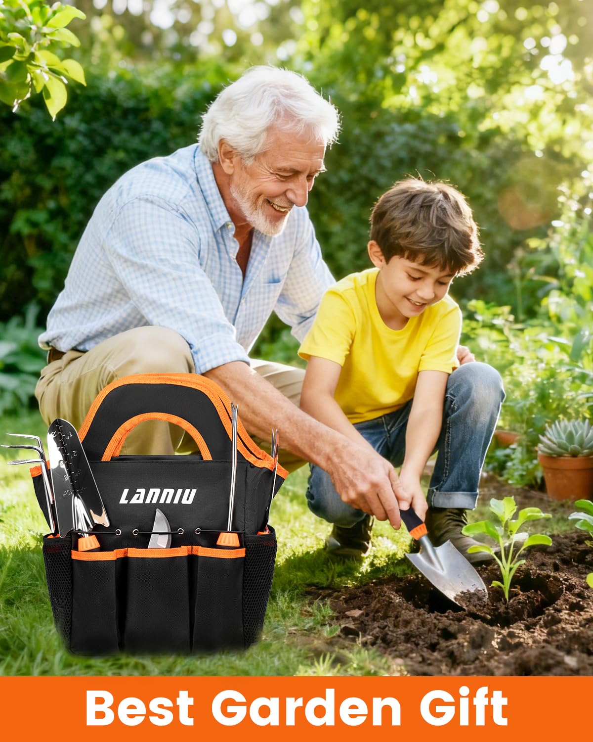 LANNIU floral tote bag keeps tools and seeds neatly organized outdoors.