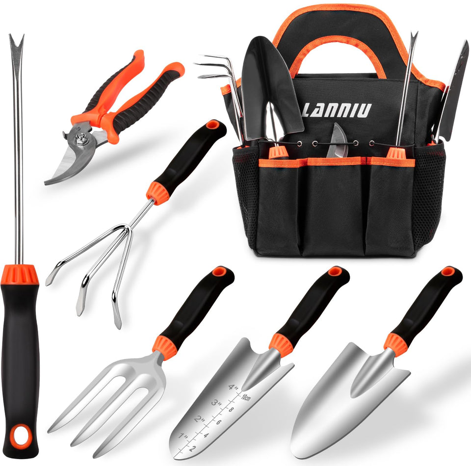 LANNIU garden tool set 7-piece with stainless durability for easy cleanup.