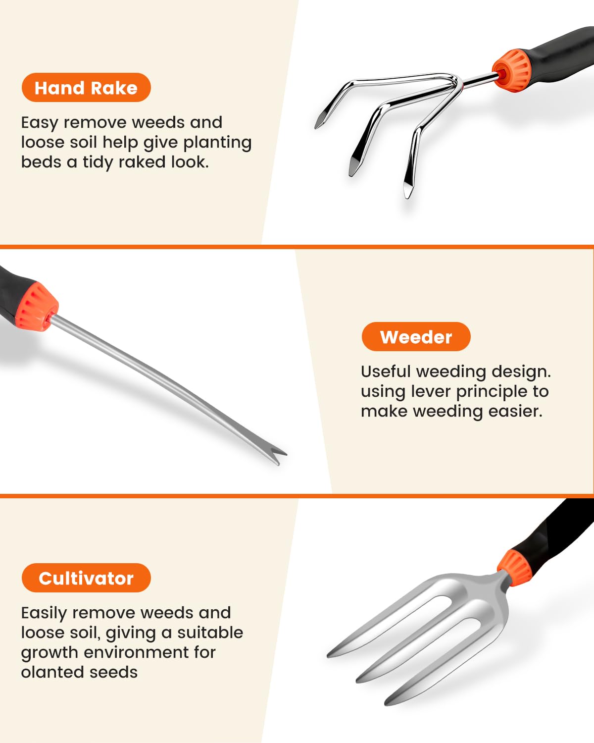 LANNIU hand rake demonstrates versatile soil prep and weed removal.