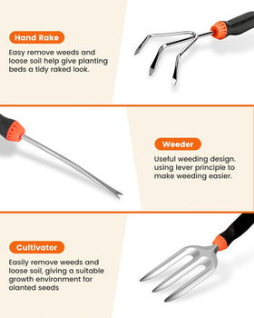LANNIU hand rake demonstrates versatile soil prep and weed removal.