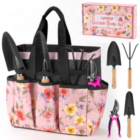 LANNIU pink gardening tools set laid out for a full kit use and organization