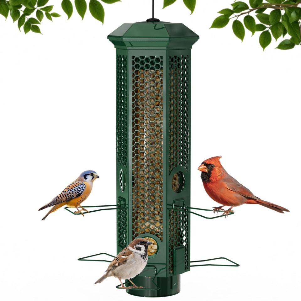 Lannso squirrel-proof feeder in green with removable base for easy outdoor cleaning.