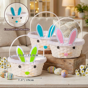Lanpn Easter Bunny Ear Basket pink with raffia filler for small gifts.