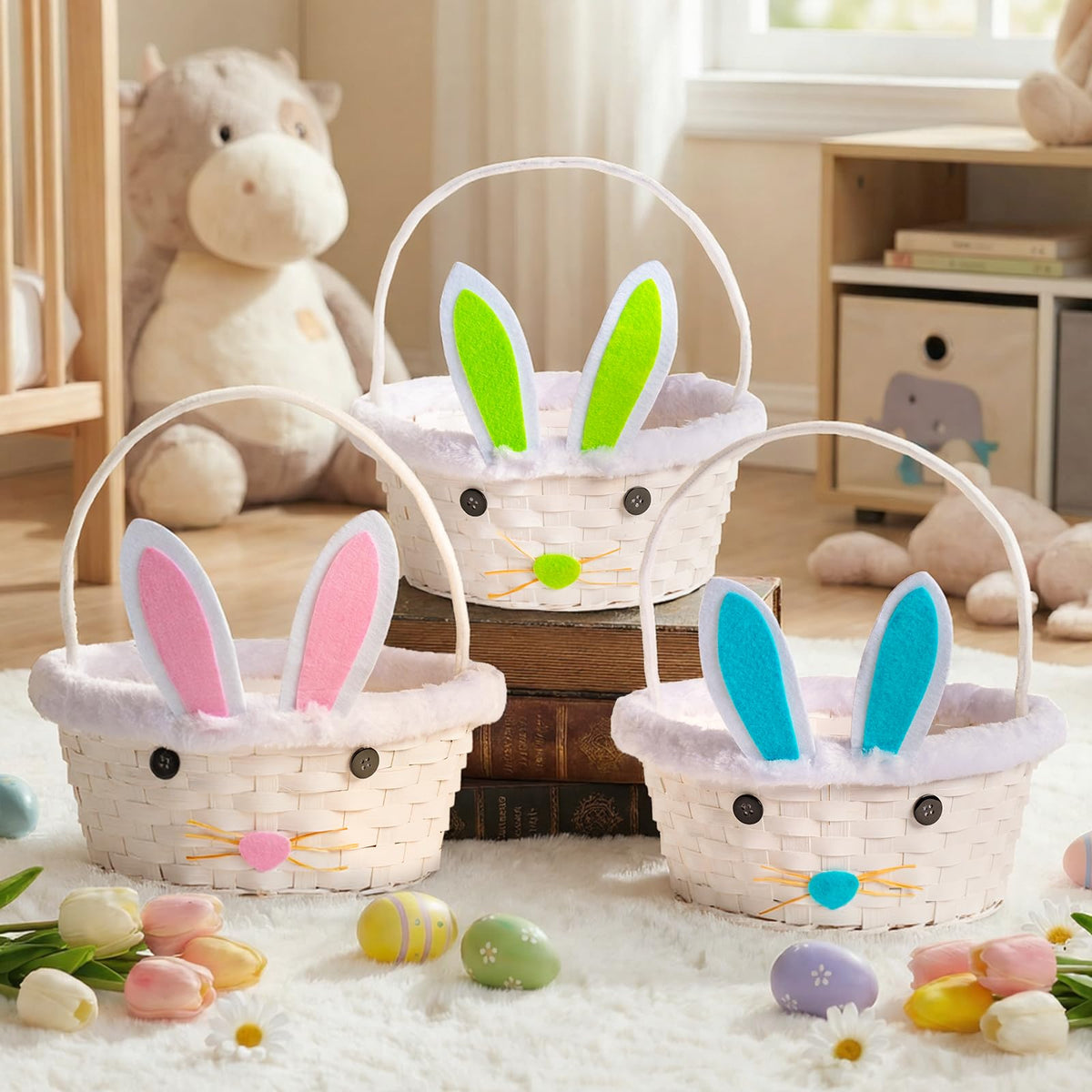 Lanpn Easter Bunny Ear Basket white with fluffy rim for Easter egg hunts.