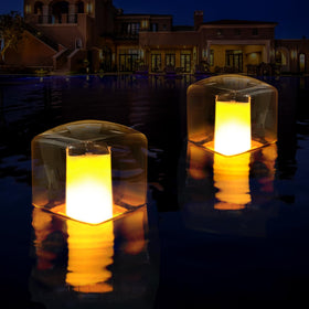 LanPool floating flame light on water adds warm ambiance to outdoor pools.