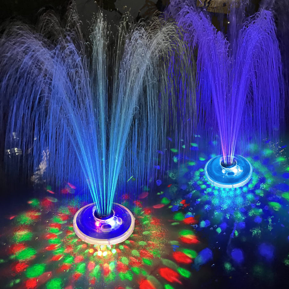 LanPool floating fountain with LED spray lights enhances outdoor pool ambiance and visual appeal.