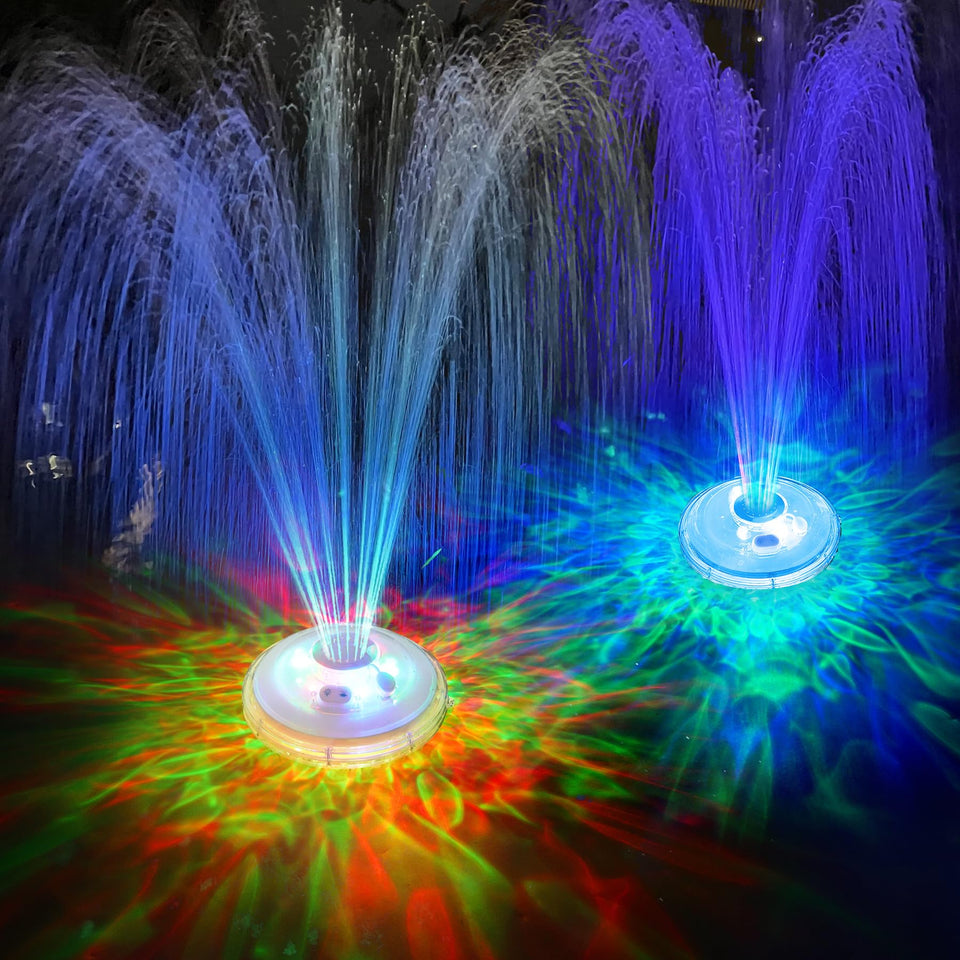 LanPool floating fountain with underwater lights enhances pool ambiance and spray.