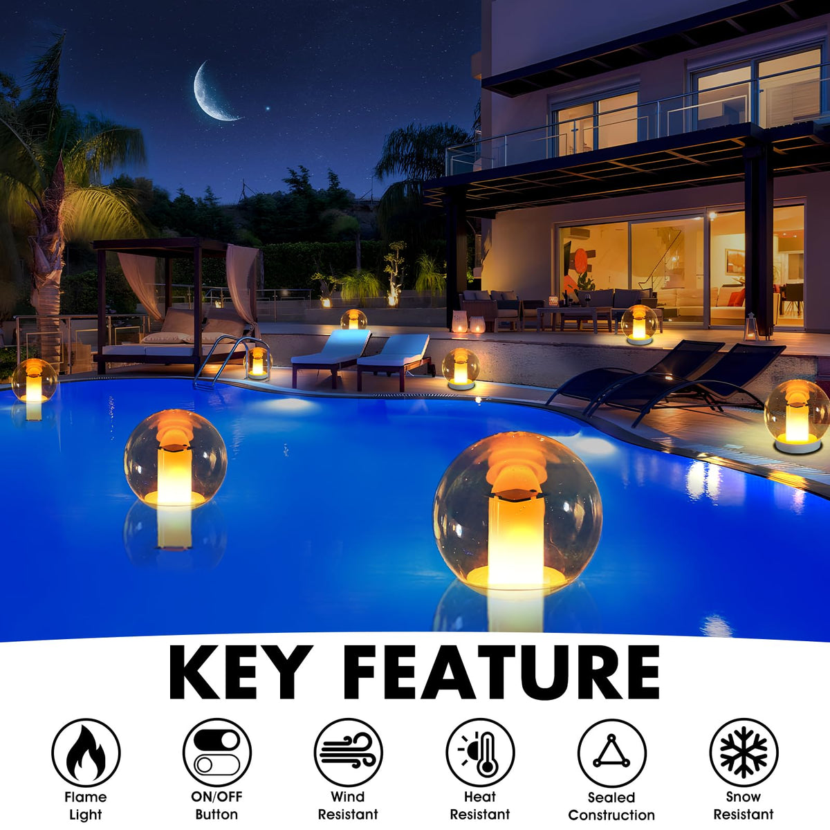 LanPool IP68 waterproof flame lights durable floating option for all-weather pools.