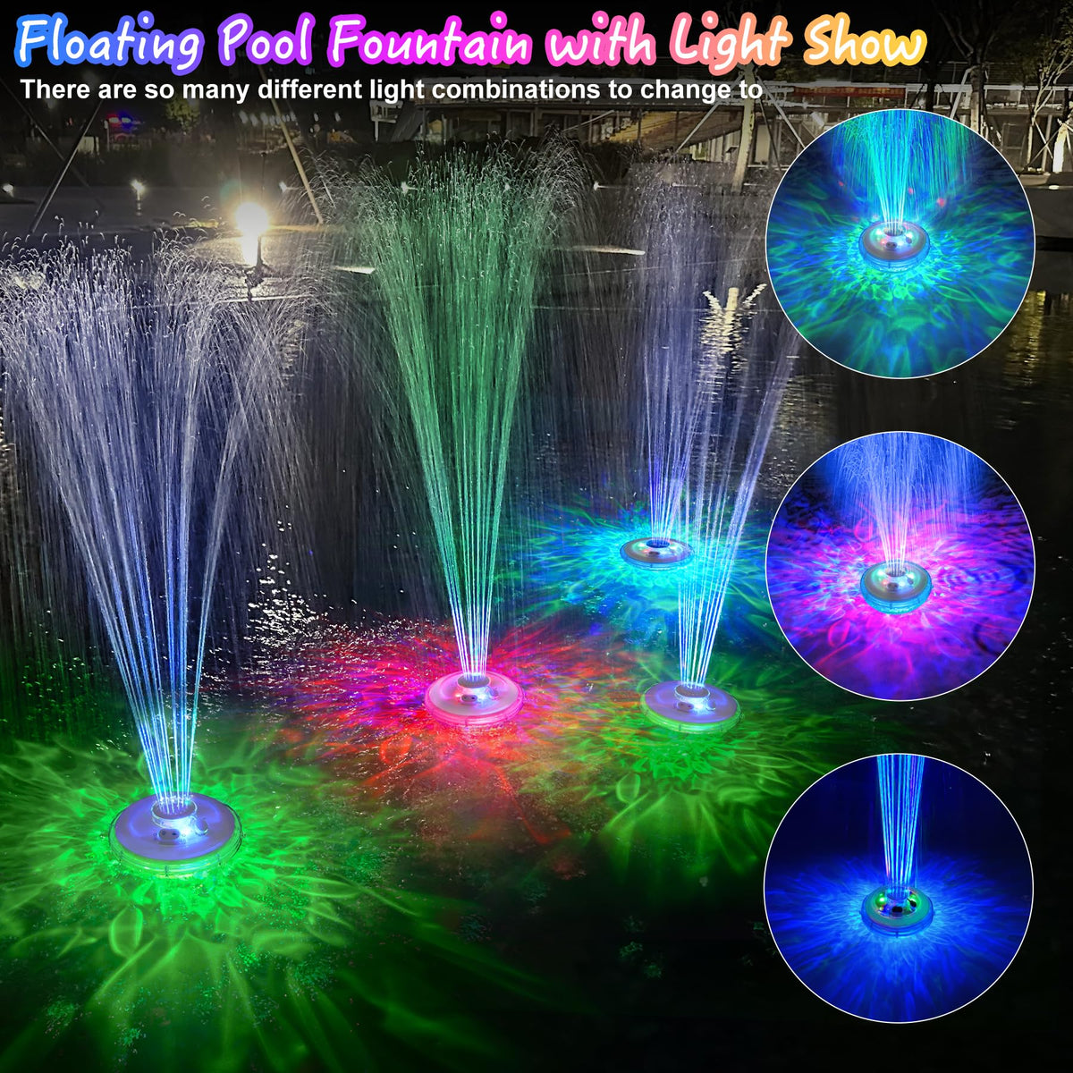 Two-mode operation: water spray and light patterns on LanPool fountain.