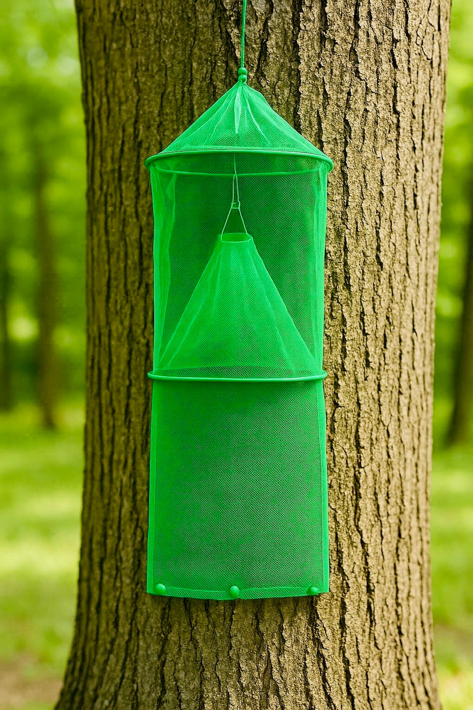 Lanternfly Motel front view showing assembled trap and green mesh for easy deployment