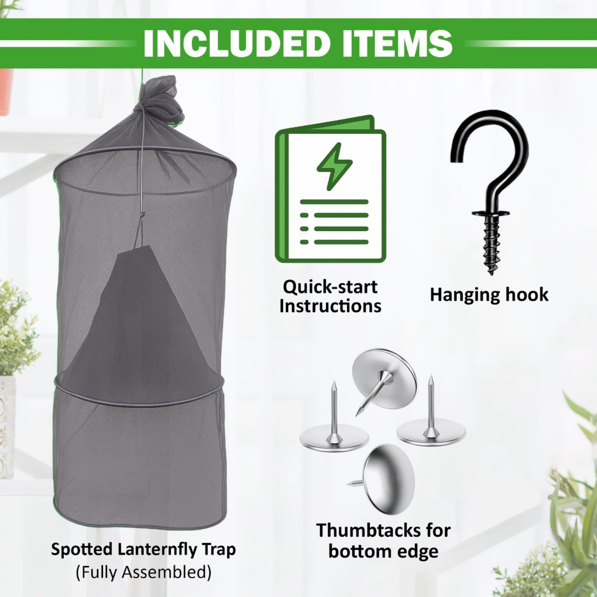 Lanternfly Motel package contents with hooks and thumbtacks for easy installation