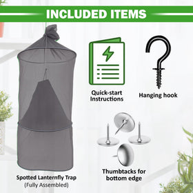 Lanternfly Motel package contents with hooks and thumbtacks for easy installation