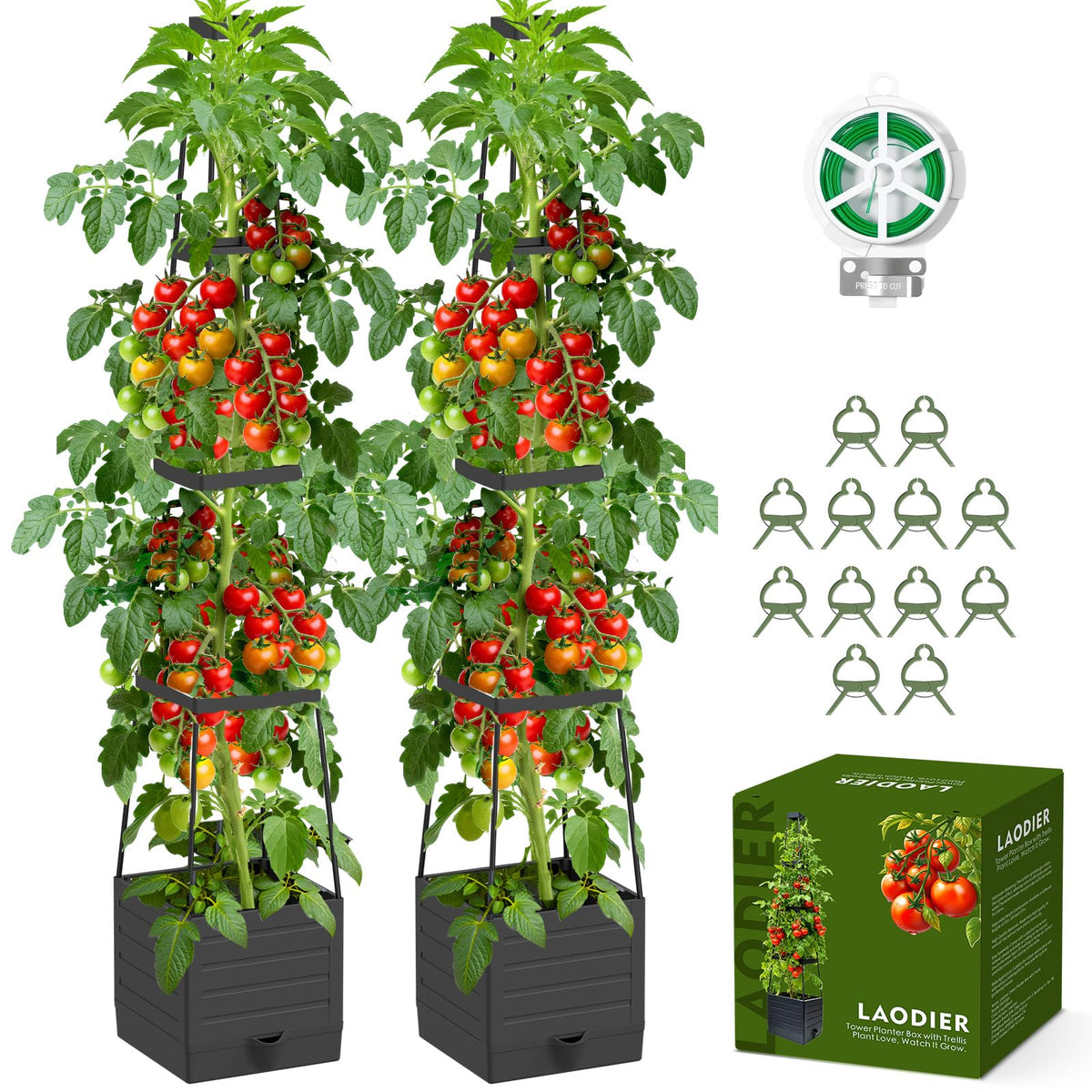Laodier 2-pack raised garden bed with trellis supports vertical tomato growth outdoors