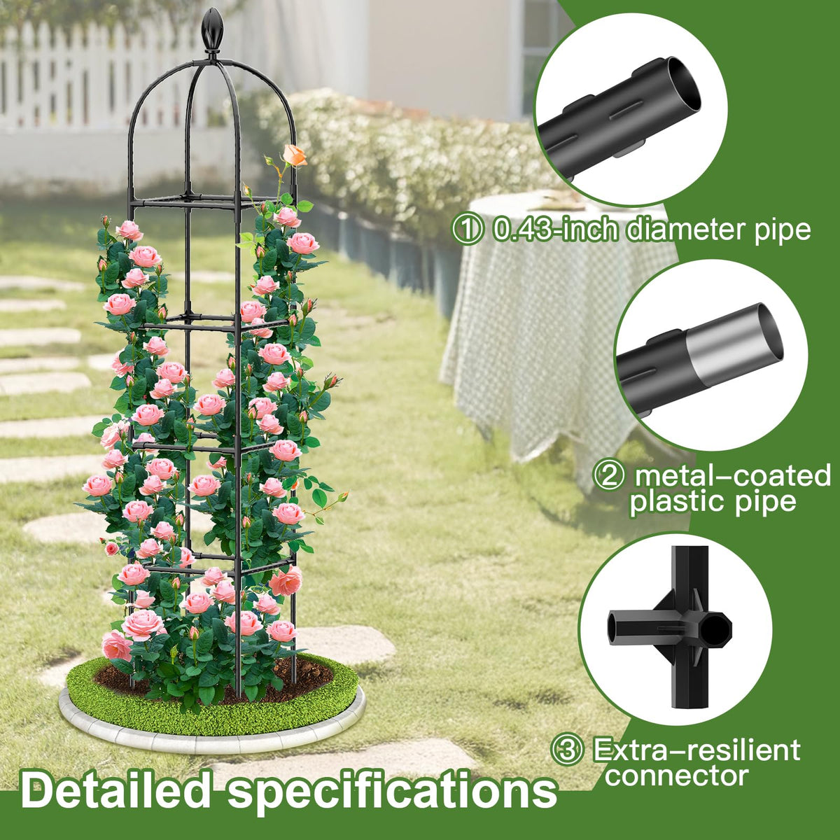 Laodier obelisk detaches for compact seasonal storage in shed or garage.