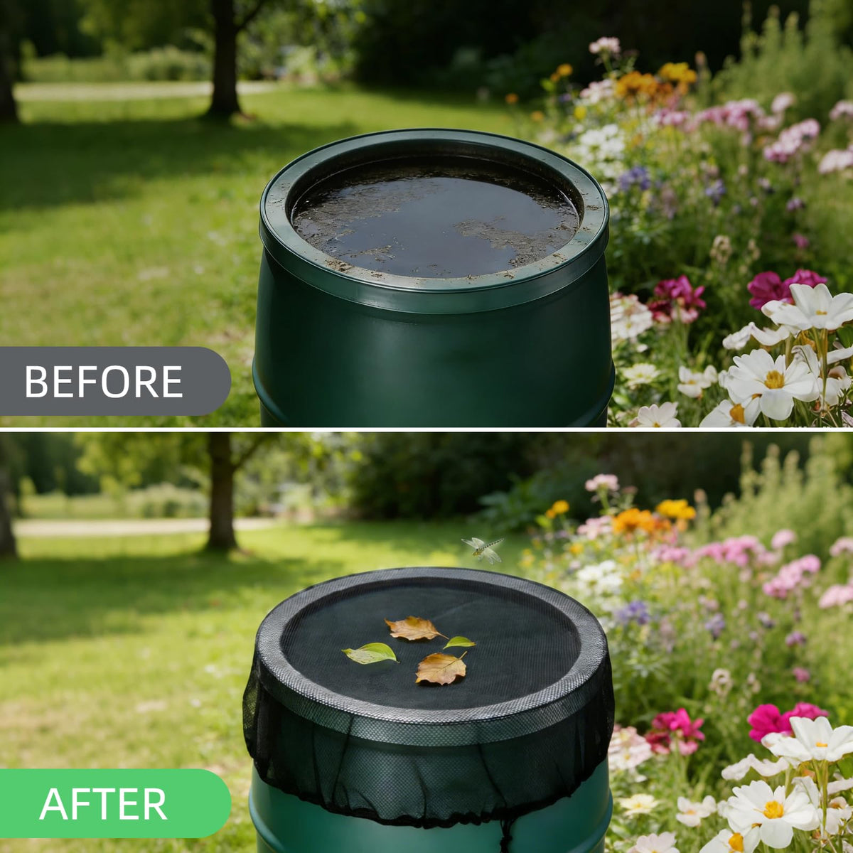 Laoha rain barrel cover on a barrel in the garden shows easy outdoor use.