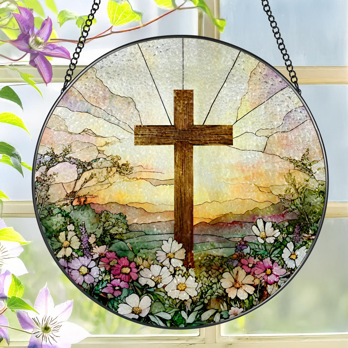 Laoweiki 8-inch stained glass cross decor brightens windows with radiant color for faith-inspired spaces