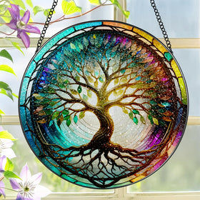 LAOWEIKI 8-inch Tree of Life suncatcher close-up showing vibrant glass colors catching sunlight in a sunny window.