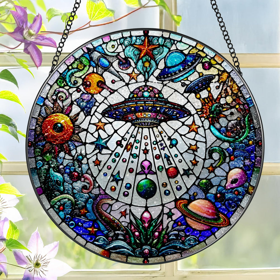 LAOWEIKI 8-inch wavy stained glass panel catching sunlight with vibrant colors