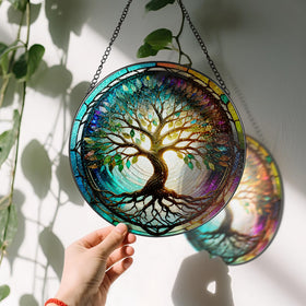 LAOWEIKI suncatcher in a black metal frame and chain, an elegant window decor option.