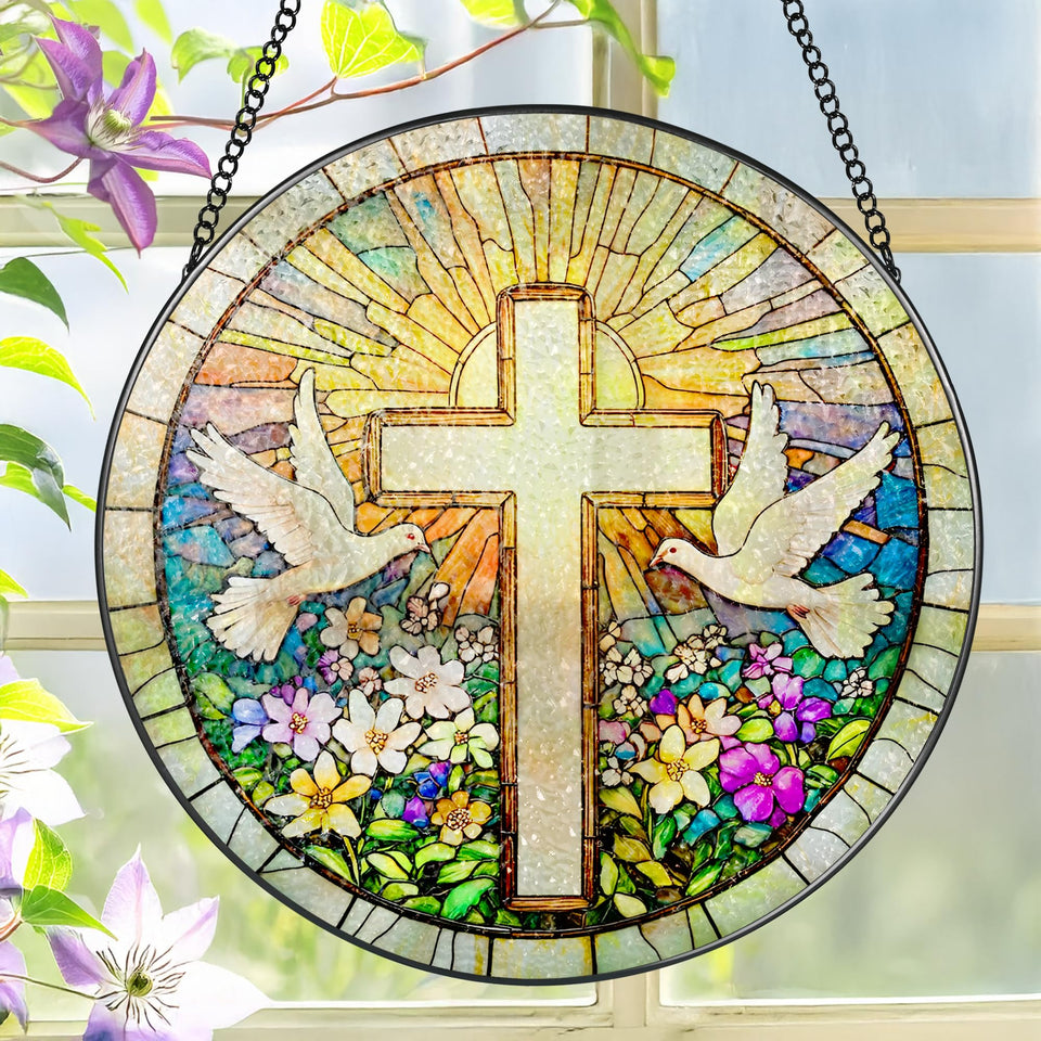 LAOWEIKI cross and wildflowers suncatcher brightens windows with radiant colors.