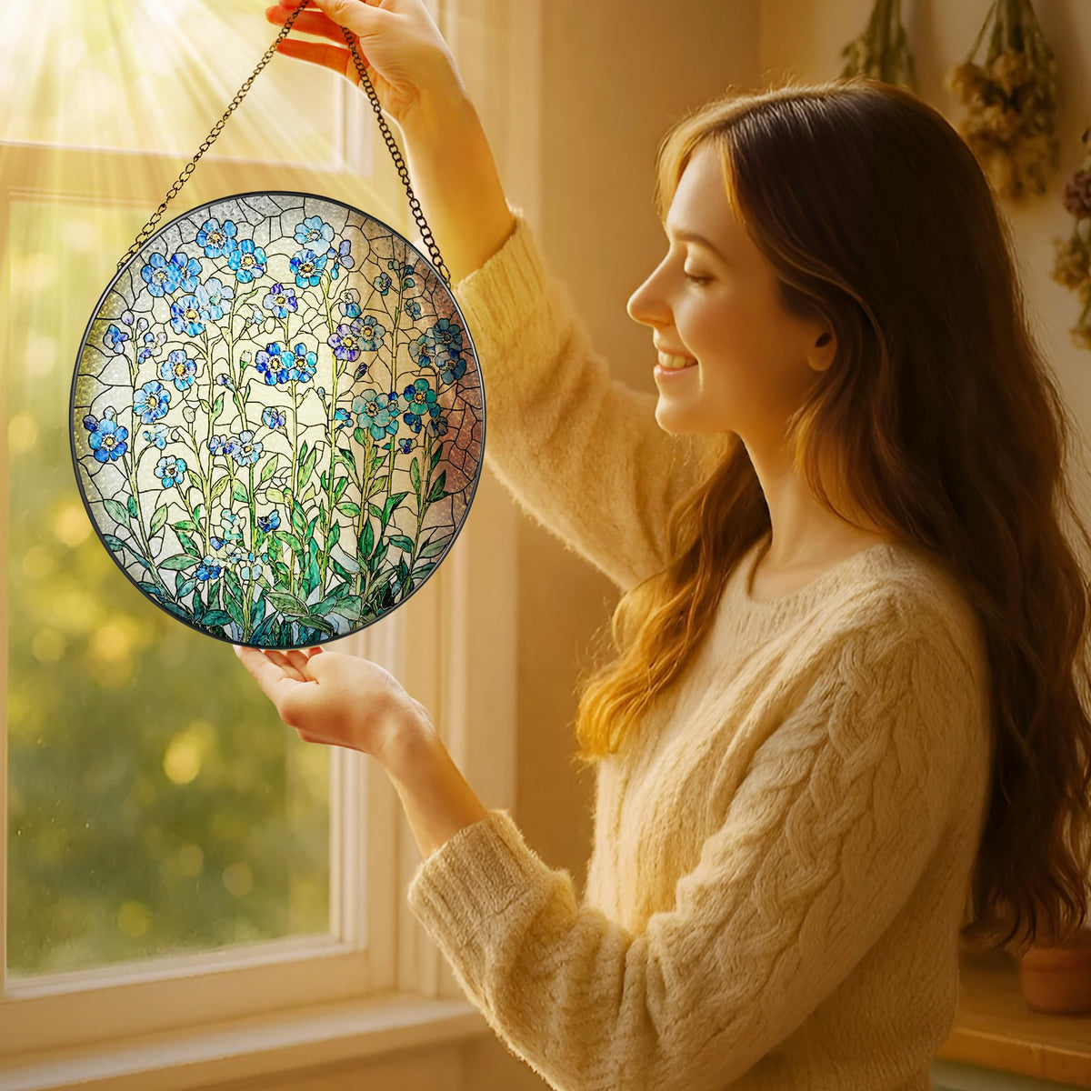 LAOWEIKI Forget Me Not 8-Inch Suncatcher adds warm color to sunlit windows
