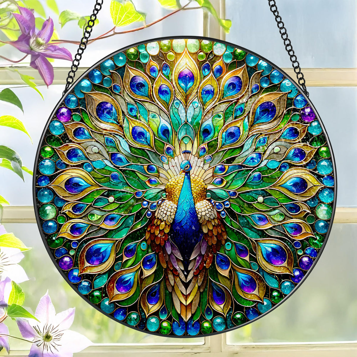 LAOWEIKI peacock suncatcher 8-inch reflects sunlight for a colorful window display.