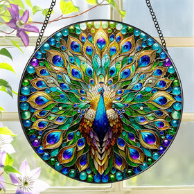 LAOWEIKI peacock suncatcher 8-inch reflects sunlight for a colorful window display.