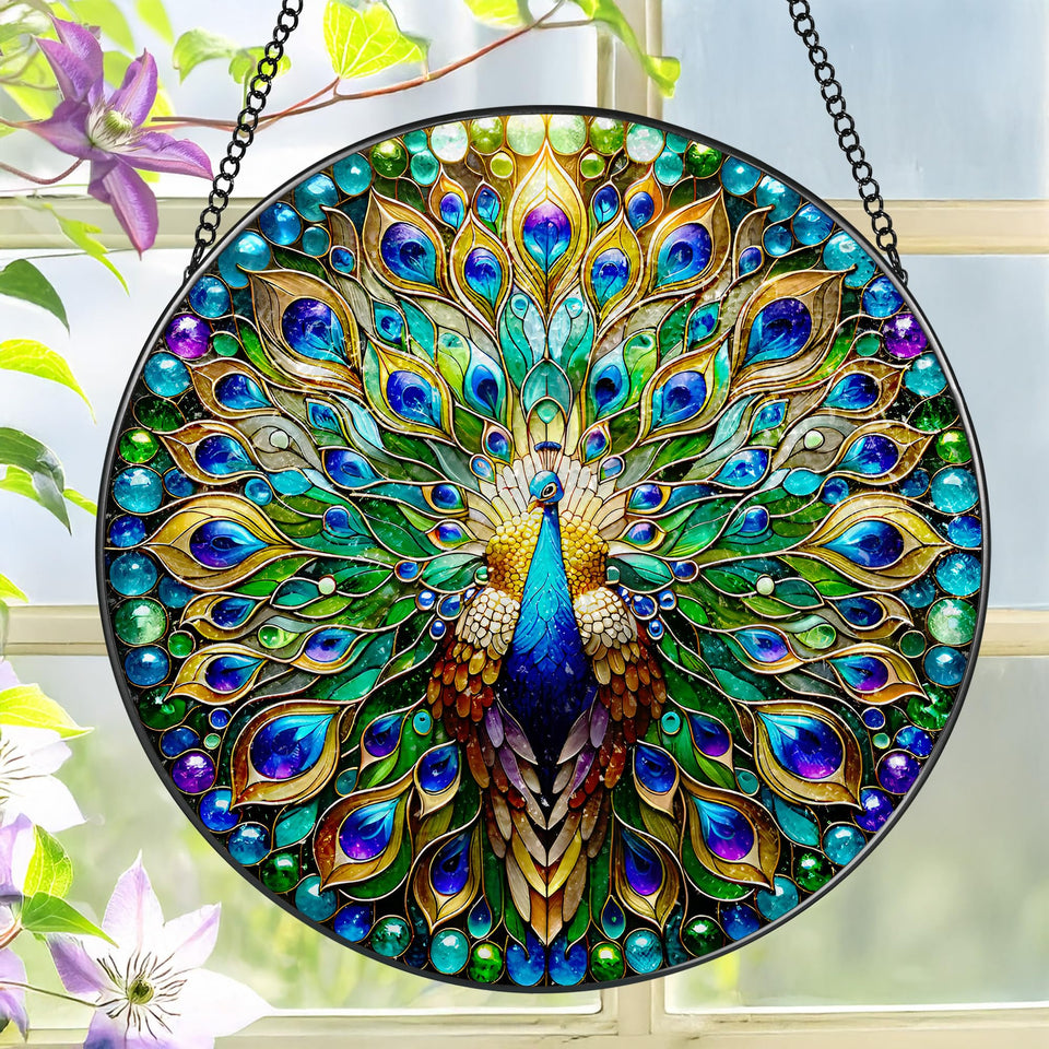 LAOWEIKI peacock suncatcher 8-inch reflects sunlight for a colorful window display.