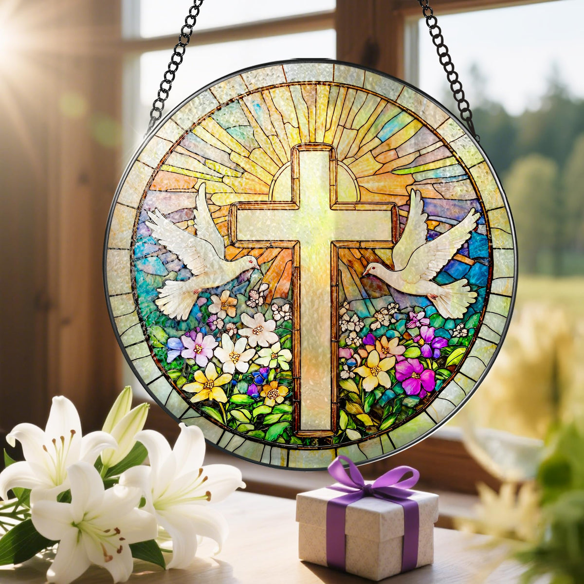 LAOWEIKI cross suncatcher ships securely in a protective box.