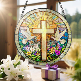 LAOWEIKI cross suncatcher ships securely in a protective box.