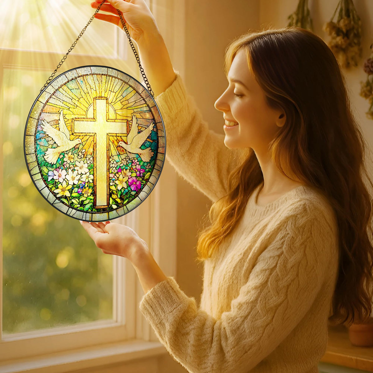LAOWEIKI stained glass cross in a window catching sunlight beautifully.