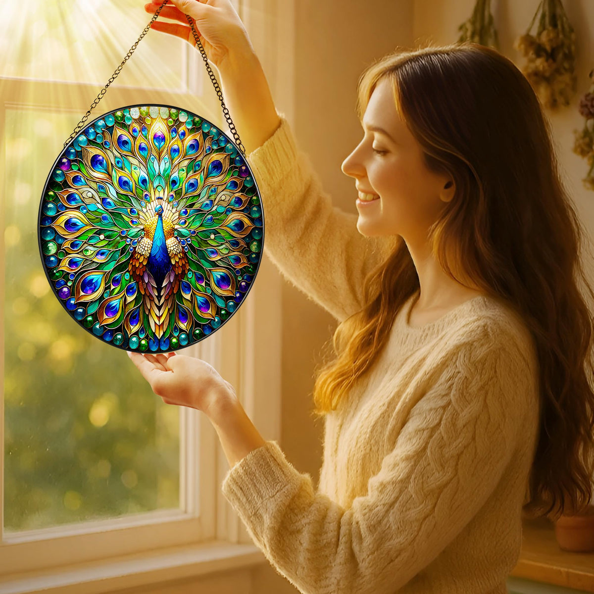 LAOWEIKI stained-glass panel detail highlights vibrant hues with light.