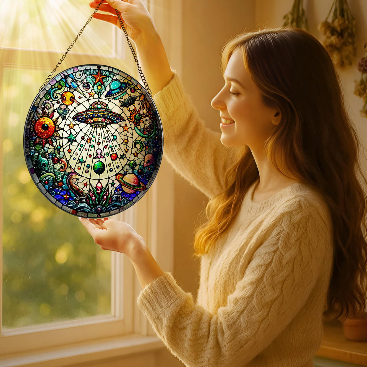 LAOWEIKI UFO Alien stained glass suncatcher adding playful color to windows