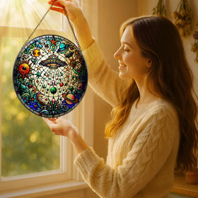 LAOWEIKI UFO Alien stained glass suncatcher adding playful color to windows