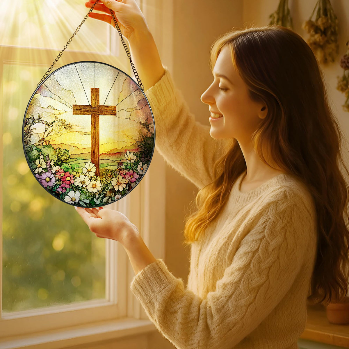 Laoweiki wildflowers stained glass suncatcher adds color to sunny spaces at home or in the office
