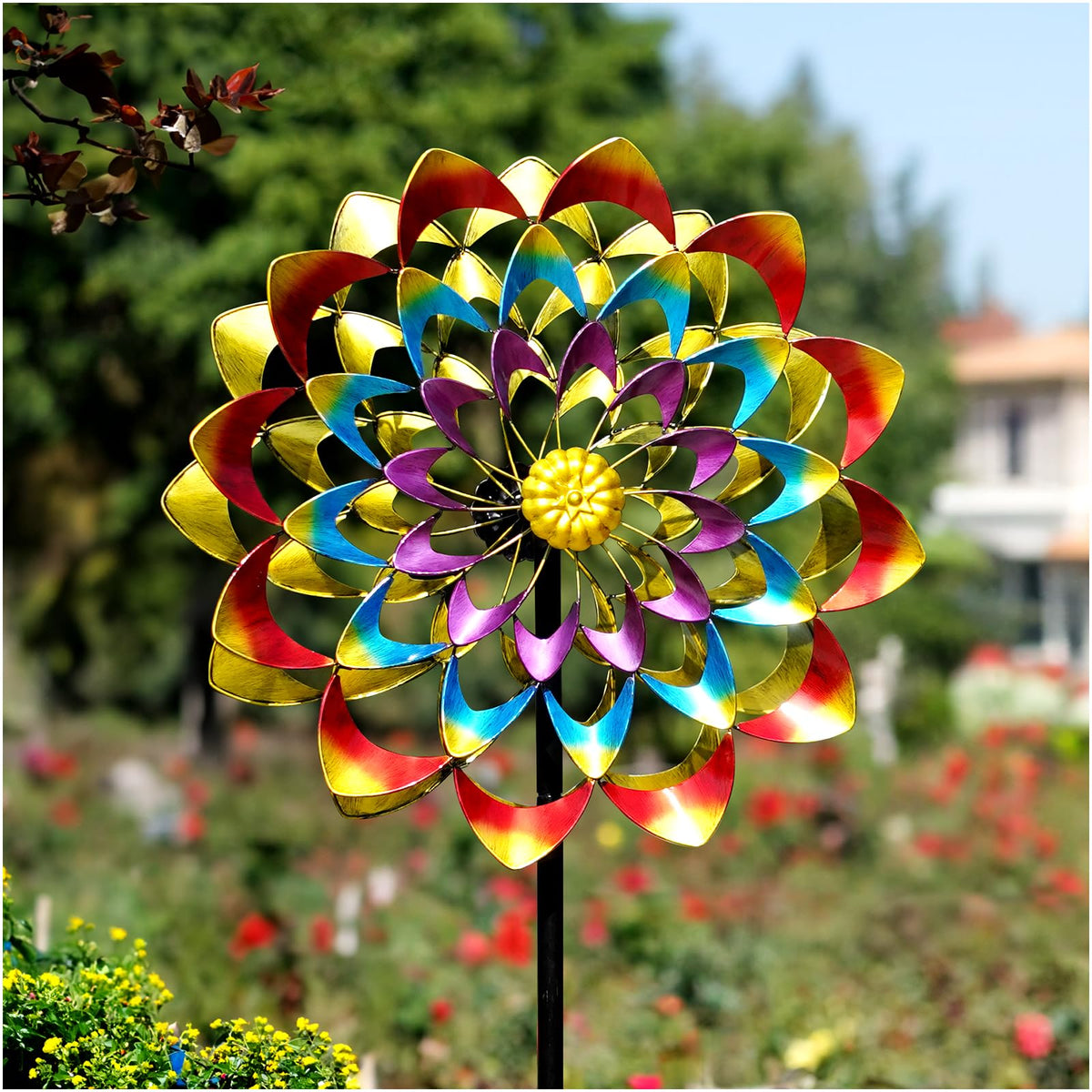 Lariander garden wind spinner rainbow colors turning in breeze for outdoor charm.