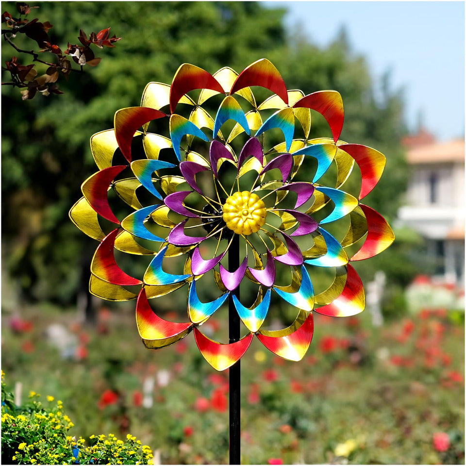 Lariander garden wind spinner rainbow colors turning in breeze for outdoor charm.
