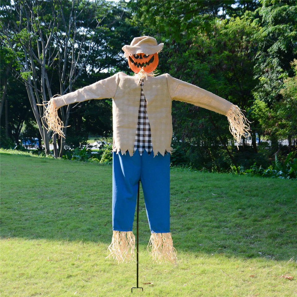 LarpGears Halloween pumpkin scarecrow on a metal stand boosts yard visibility and spooky ambiance.