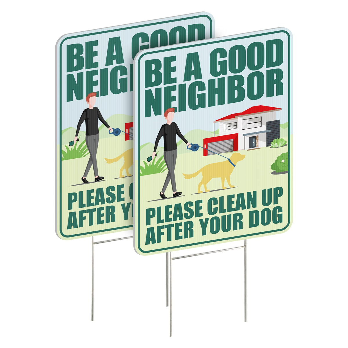 LARREEDE clean-up sign set 2-pack installed in a yard, weatherproof and reusable.