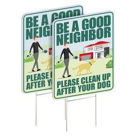 LARREEDE clean-up sign set 2-pack installed in a yard, weatherproof and reusable.