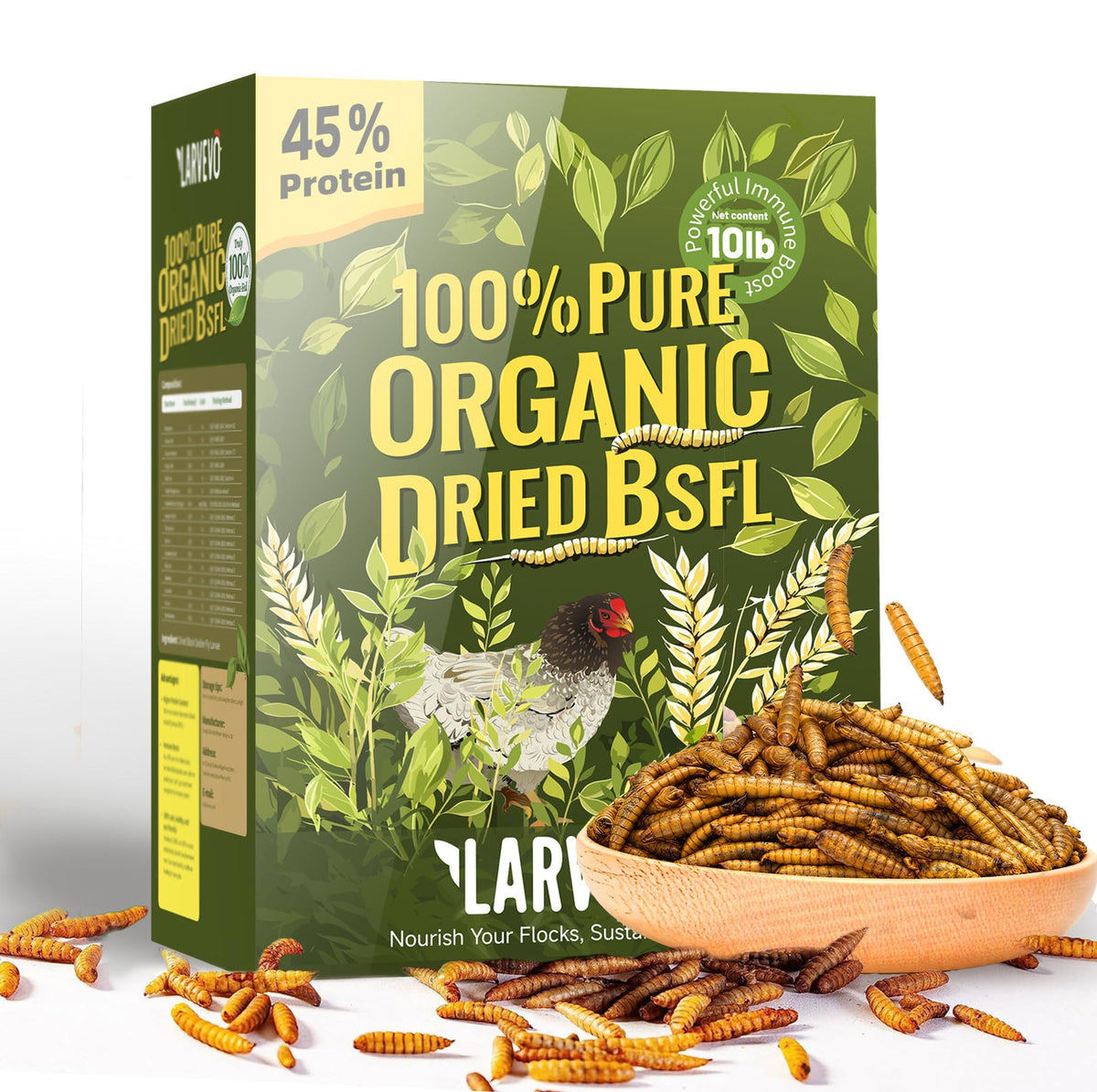 Larvevo BSF larvae 10lb bag close-up showing protein-packed poultry snack