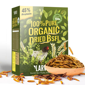 Larvevo BSF larvae 10lb bag close-up showing protein-packed poultry snack