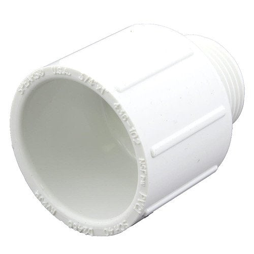 LASCO 436-213BC reducing male adapter connects 1.5 in MPT to 2 in slip fittings for PVC piping.