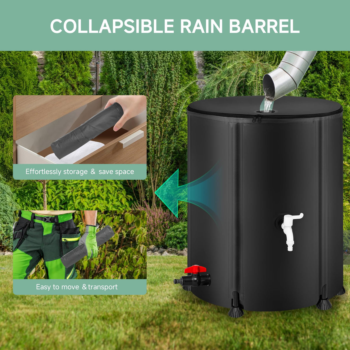 Laspeiraux foldable rain barrel stored compactly for easy transport and storage.