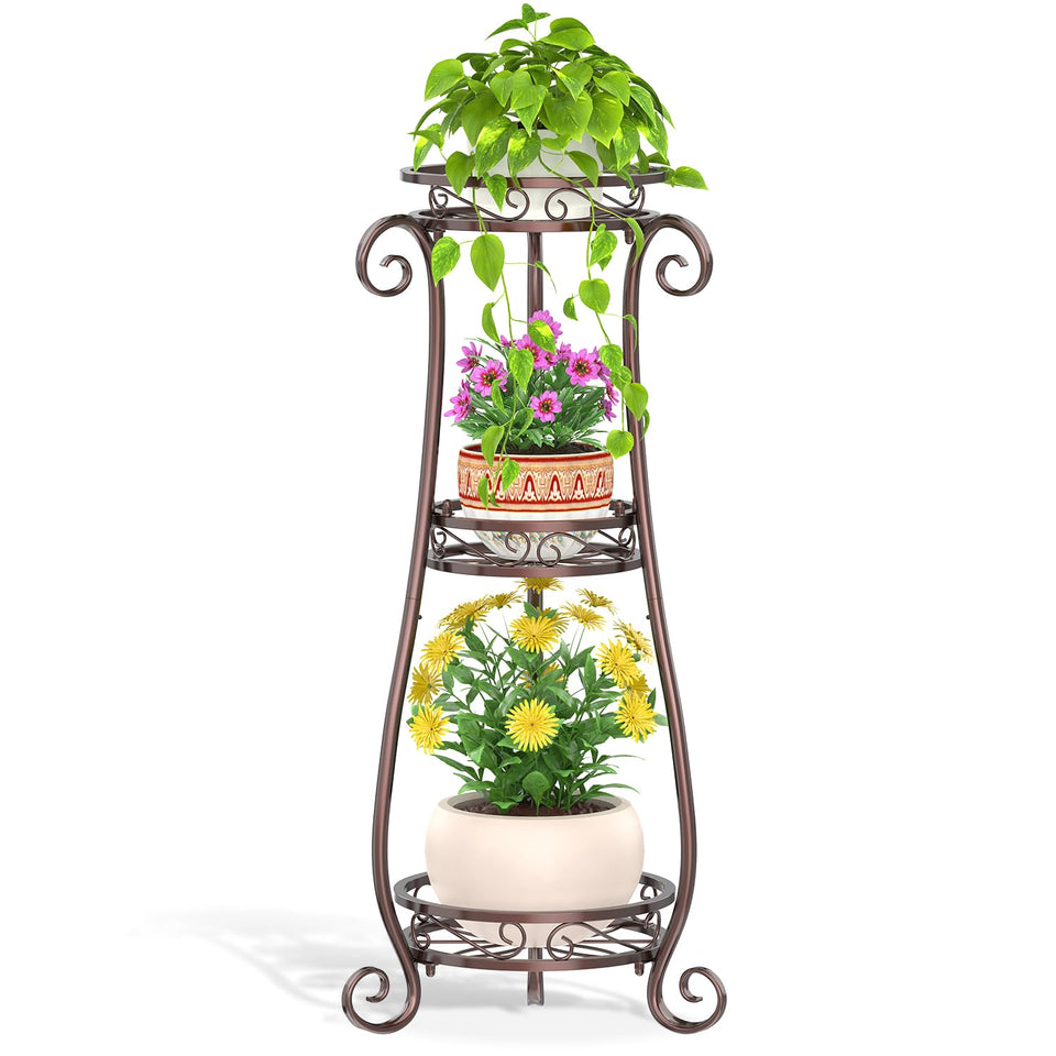 LASZOLA 3-Tier Bronze Plant Stand front view, space-saving display for your living room