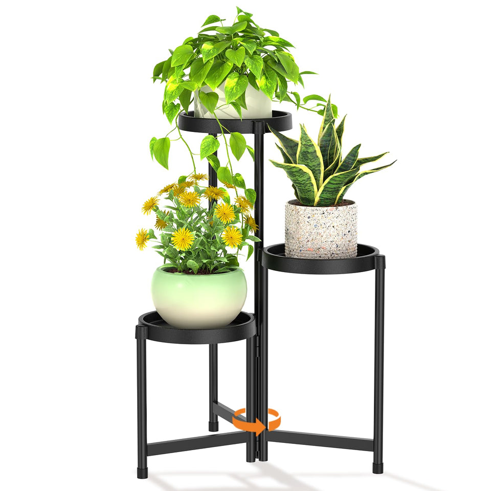 LASZOLA 3-tier plant stand folded in a corner for space-saving display.