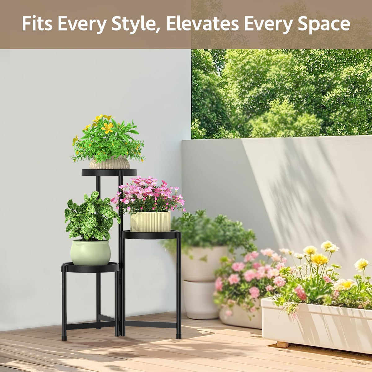 LASZOLA waterproof trays showcase plants on a sturdy, rust-resistant frame.