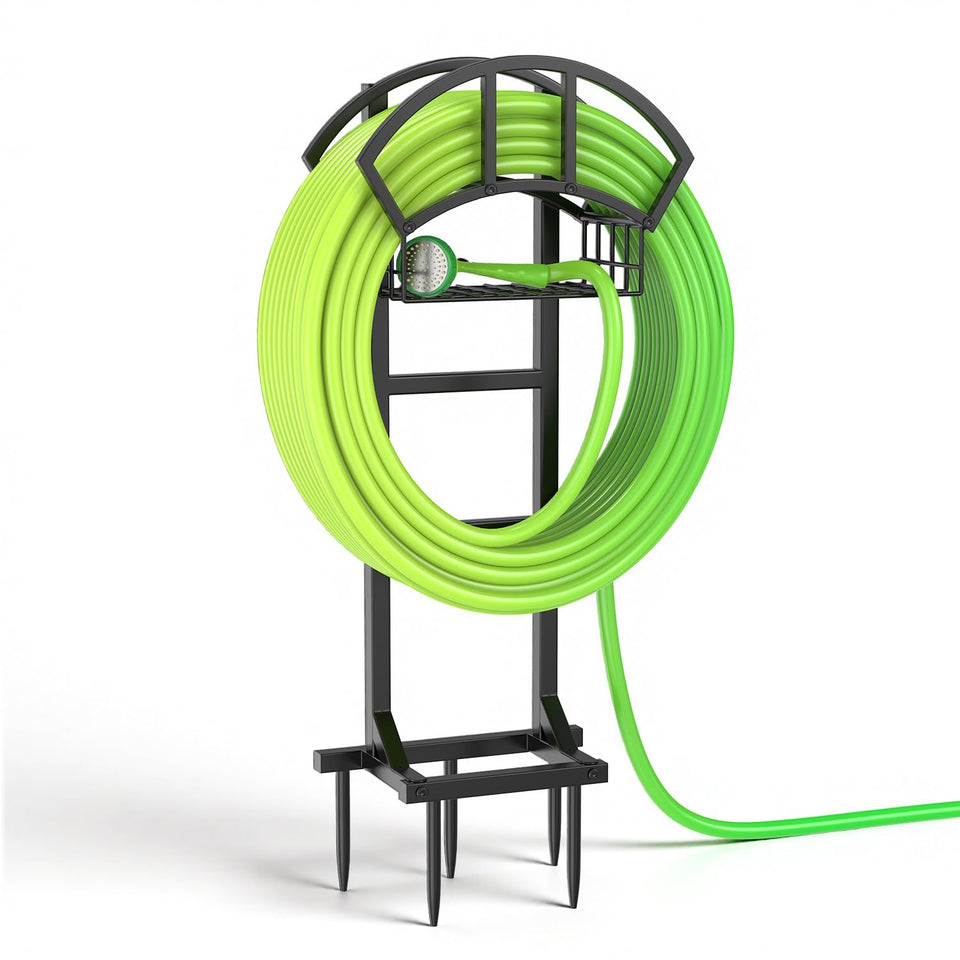 LASZOLA garden hose holder with five spikes keeps hoses secure and upright.