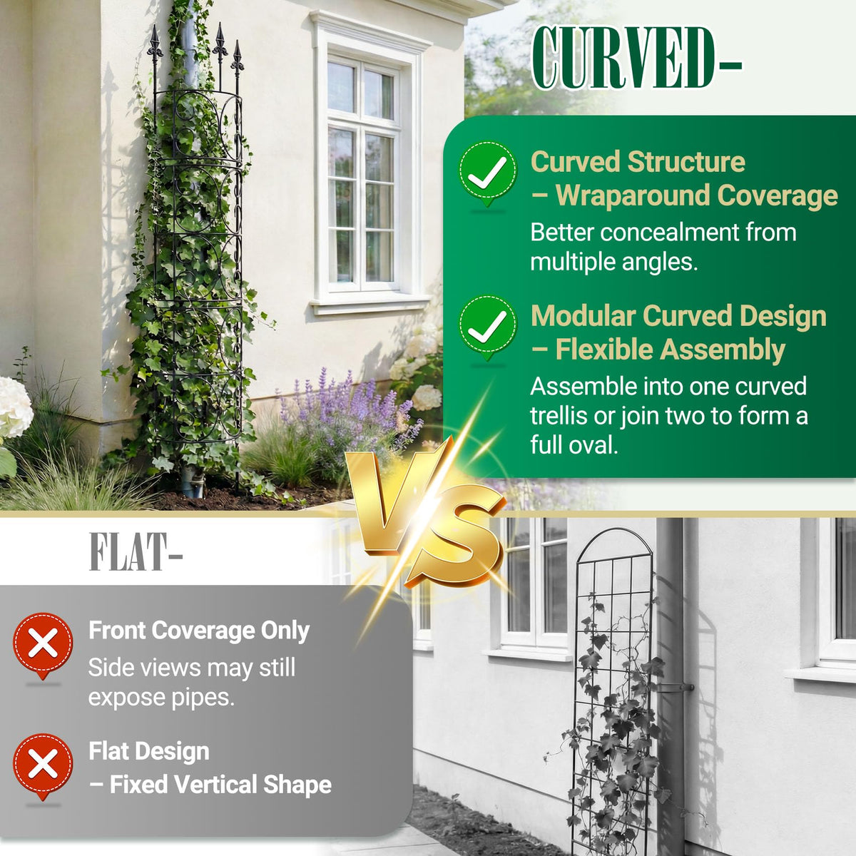 LATIHUUM arch-trellis curved design conceals pipes while providing elegant plant display