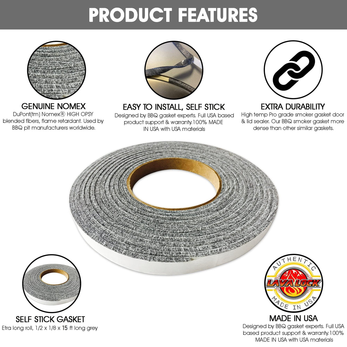 LavaLock NOMEX fiber material; durable heat resistance for BBQ sessions.